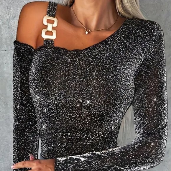 One Shoulder Chain Buckle Sparkly Glitter Top Shirt black silver M - Picture 3 of 9
